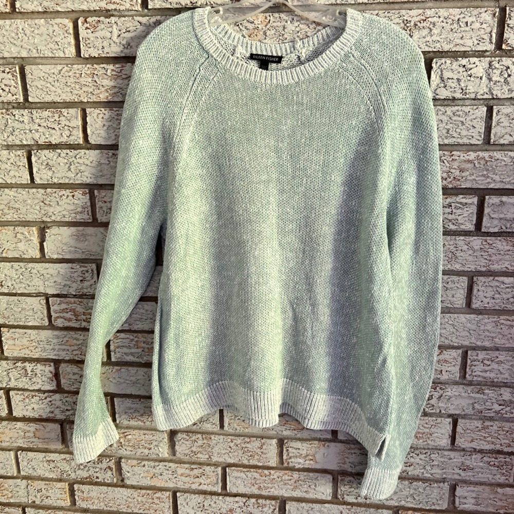Eileen Fisher Womens Organic Linen Cotton Knit Sweater Aqua Mint Green‎ Large